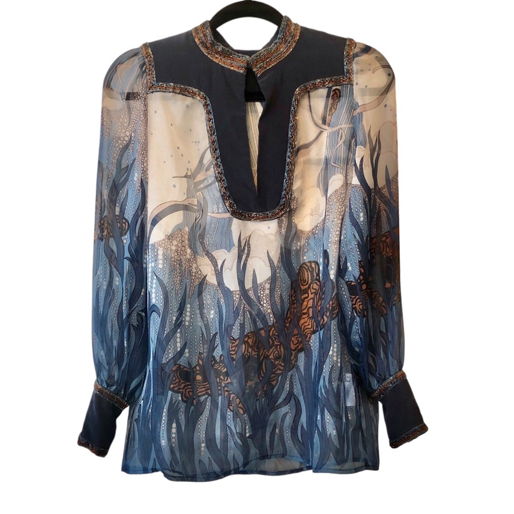 Gucci Tom Ford Sheer Silk Blouse Beaded V Neck Loop Cuffs Long Sleeve Size L